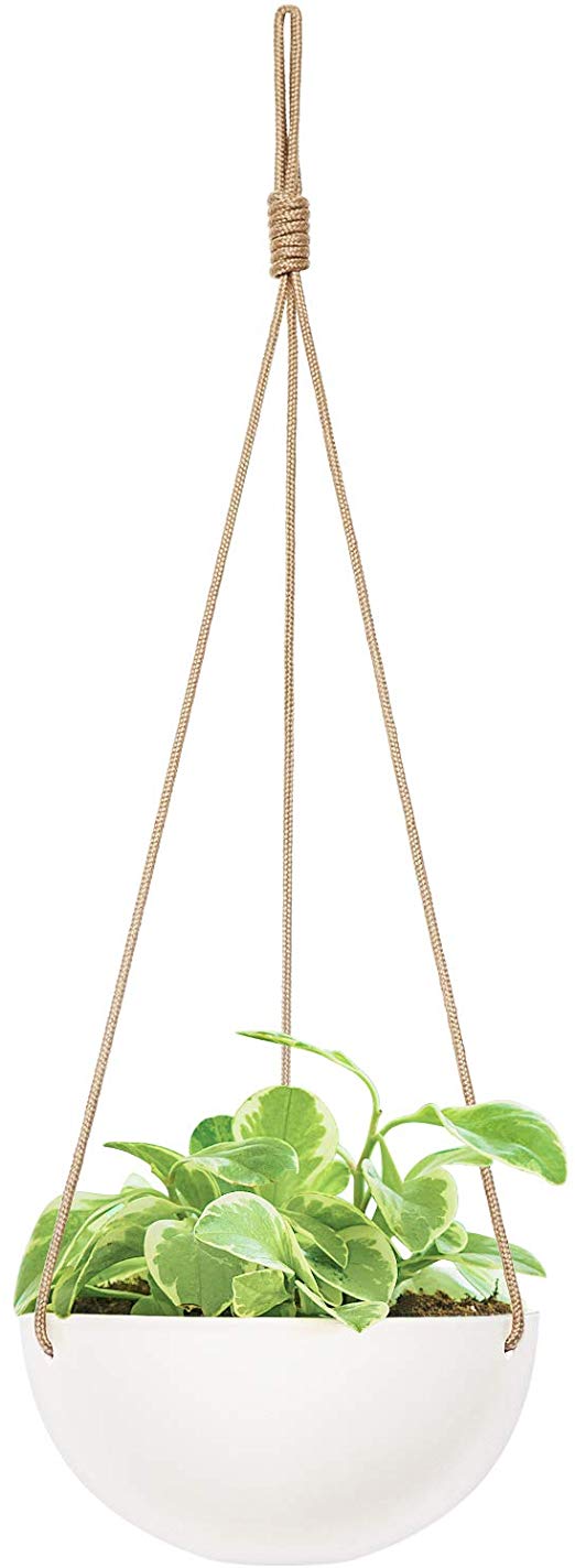 Mkono Ceramic Hanging Planter Modern Round Flower Plant Pot 9 Inch Porcelain Plant Holder with Polyester Rope Hanger for Indoor Outdoor Herbs Ferns Ivy Crawling Plants, White