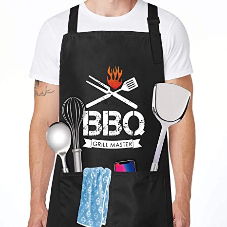 BBQ Aprons for Men - Funny BBQ Grill Gift Apron for Father, Husband, Chef, Cooking Bib Apron with Adjustable Neck Strap, 40 Inch Long Waist Ties and 2 Pockets for Kitchen Baking Gardening