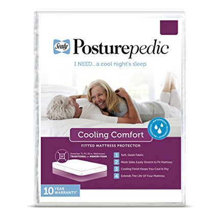 Sealy Posturepedic Cooling Comfort Waterproof Fitted Mattress Protector - Vinyl Free & Hypoallergenic - 10 Year Warranty, Queen