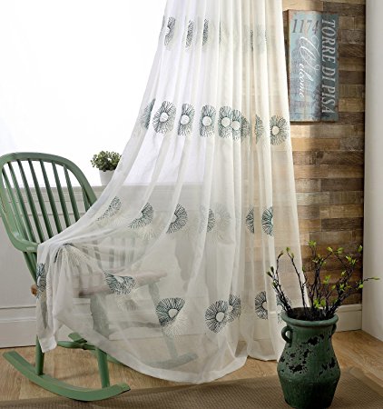 DEZENE Boy's Room Tulle Sheer Curtains with Embroidered Sunflower Floral Window Drapes 54 Inches Width x 84 Inches Long,1 Panel,Grommets,Blue