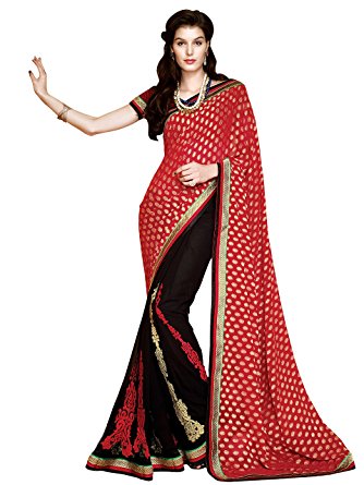 Shonaya Women's Faux Georgette Embroidery Saree With Unstitched Blouse Piece
