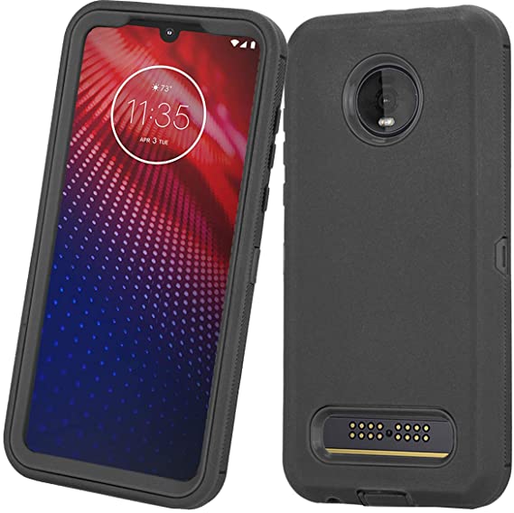 Moto Z3 Case, Moto Z3 Play Case, Heavy Duty with [Built-in Screen Protector] Tough 3 in1 Rugged Shorkproof Armor Cover for Motorola Moto Z3/ Z3 Play (Black)
