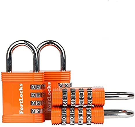 FortLocks Padlock - 4 Digit Combination Lock for Gym Outdoor & School Locker, Fence, Case & Shed – Heavy Duty Resettable Set Your Own Combo – Waterproof & Weatherproof (4 Pack - Orange)