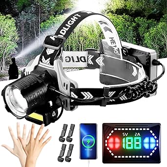 Yoobao Headlamp Rechargeable, 120000 Lumens Super Bright Headlight with 12 Modes, Motion Sensors, Zoomable, IPX6 Waterproof Headlamps for Adults with Red Light for Camping, Hunting, Adventure