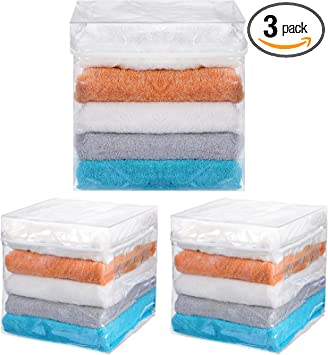 3 Pcs Clear Zippered Organizers Clothes Storage Bags with Handle Plastic Sweater Storage Foldable Toy Storage Bin for Organizing Blankets Underwear Toys Travel Storage (3 Pcs)