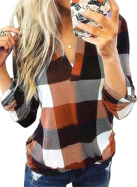 Dokotoo Womens Basic Casual V Neck Plaid Print Cotton Cuffed Long Sleeve Work Tops Blouses Shirts S-5XL