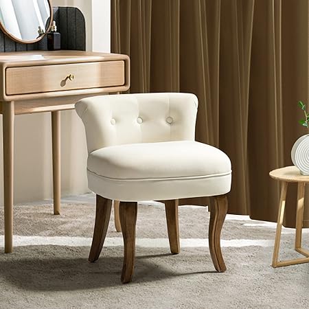 HULALA HOME Velvet Vanity Stool, Modern Velvet Vanity Chair with Back, Multifunctional Footstool Upholstered Makeup Chair Home Decor for Bedroom, Living Room, Dressing Table,Ivory