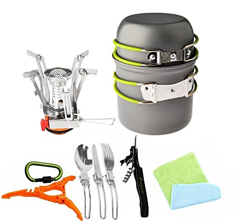 Bisgear 12/16 Pcs Camping Cookware Stove Carabiner Canister Stand Tripod Folding Spork Set Outdoor Camping Hiking Backpacking Non-stick Cooking Picnic Knife Spoon Wine Opener