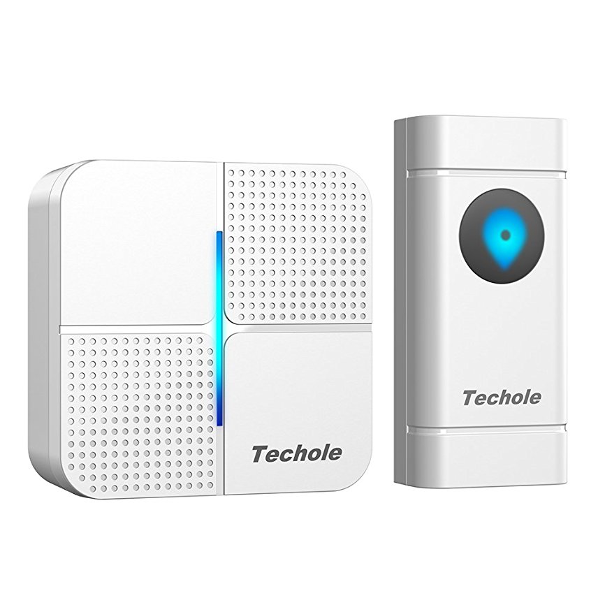 Door bell, Techole Wireless Doorbell Easy Chime Kit with 1 Plug-in Receiver & 1 Push Button and LED Flash, Waterproof IP55, 5 Levels Volume, 52 Melodies to Choose,1000ft Operating Range, Mini Design