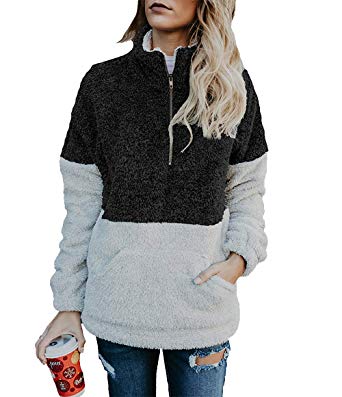 BTFBM Women Long Sleeve Zipper Sherpa Sweatshirt Soft Fleece Pullover Outwear Coat with Pockets