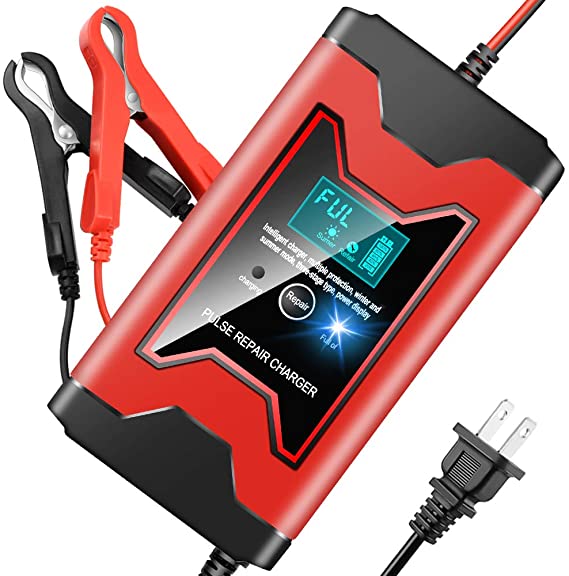 Car Battery Charger 12V/6A Automotive Smart Portable Battery Charger Maintainer/Pulse Repair Charger Pack for Car, Motorcycle, Lawn Mower and More
