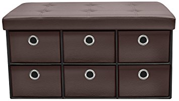 Sorbus Storage Ottoman Bench with Drawers – Collapsible Folding Bench Chest with Cover – Perfect for Entryway, Bedroom, Cubby Drawer Footstool, Contemporary Faux Leather (Chocolate)