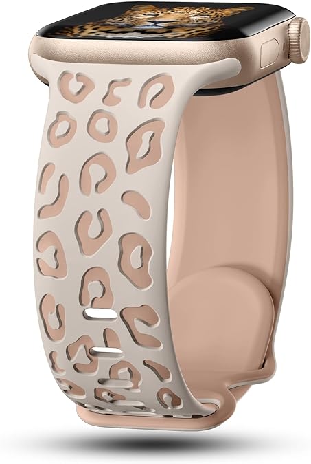 CreateGreat Sport Leopard Engraved Bands Compatible with Apple Watch Band 41mm 40mm 38mm 45mm 44mm 42mm Women, Silicone Luxury Cheetah Designer Strap for iWatch Bands Series SE 8 7 6 5 4 3 2 1