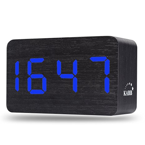 KABB Light Brown Wood Grain Green LED Light Alarm Clock - Shows Time and Temperature - Good Sound Control - Latest Generation (USB/4xAAA) - Excellent Size - Made of Natural Material