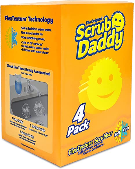 Original Scrub Daddy Sponge - Scratch Free Scrubber for Dishes and Home, Odor Resistant, Soft in Warm Water, Firm in Cold, Deep Cleaning Kitchen and Bathroom, Multi-use, Dishwasher Safe, 4ct Box