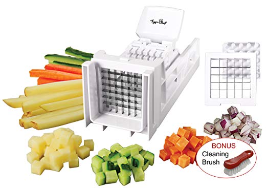 Tiger Chef French Fry Cutter and Easy Vegetable Dicer Chopper with 2 Interchangeable Blades - Also Great for Onions, Carrots, Cucumbers and More (White)