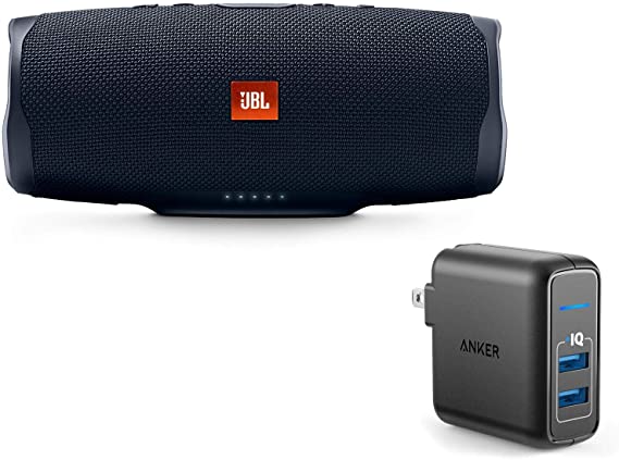 JBL Charge 4 Portable Waterproof Wireless Bluetooth Speaker Bundle with Anker 2-Port Wall Charger - Black