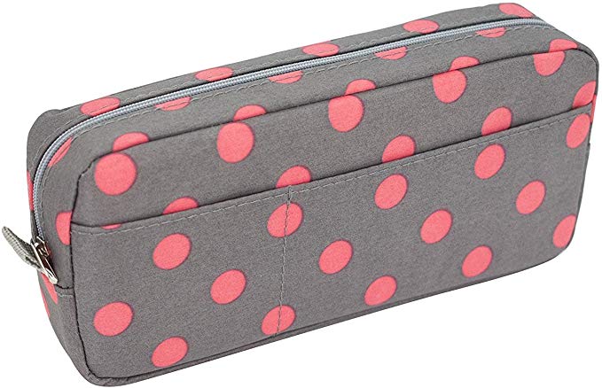 Blue Monaco Cute Pencil Case for Girls - Pen Pouch - Makeup Bag - Gray with Pink Polka Dots - 8 Inch By 4 Inch
