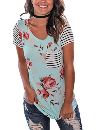 HIKARE Women's Summer Floral Print Striped Short Sleeve Casual T-Shirt Tops With Pocket