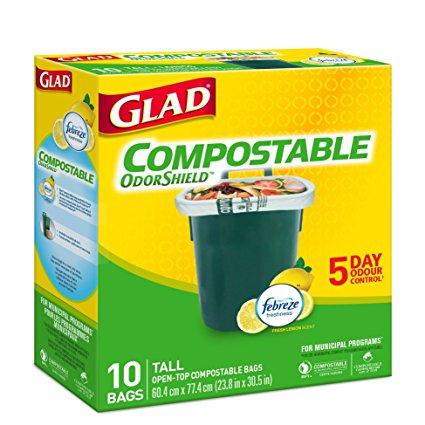 Glad 100% Compostable OdourShield  Easy-Tie  Tall Bags, Lemon Scent, 10 Count