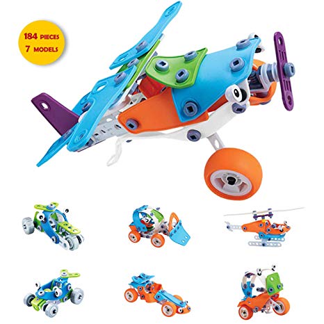Toy To Enjoy STEM Learning Model Toy Set for Kids (184 Pieces) – Builds Car, Excavator, Bike, Airplane & Helicopter – DIY Building Kits & Construction Engineering Toys