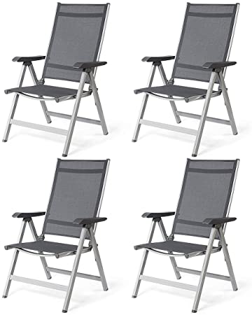 Giantex 4 PCS Outdoor Folding Chair, Aluminum Frame Back Adjustable Camping Chair w/Fabric Seat, Space-Saving Sling Back Chair, Portable Chair w/Armrest for Patio Garden