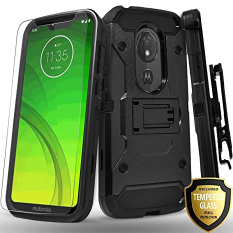 Moto G7 Power Case, Moto G7 Supra XT1955 Case, With [Tempered Glass Screen Protector], Full Cover Heavy Duty Dual Layers Phone Cover with Kickstand and Locking Belt Clip-Black