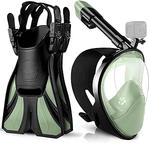 Odoland Snorkeling Packages, Full Face Snorkel Mask for Adults & Youth with Camera Mount, Adjustable Swim Fins, Anti-Fog Anti-Leak Diving Gear for Men Women Teens