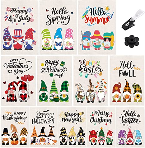 Gnomes Seasonal Garden Flags Set of 12 Double Sided Garden Flag, Small Yard Flag for Summer 4th of July Decor All Seasons Holiday Outdoor Decorations 12x18 In, with Free Anti-Wind Clip and Stopper