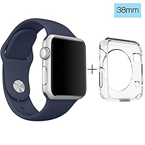 ClockChoice Silicone Watch Band Sport Replacement Kit for 38mm Series 1 & 2 Apple Watch, Midnight Blue, Bonus Case Included, No adapter needed, Includes 3 Pieces, for 2 Lengths, For Women and Men Use