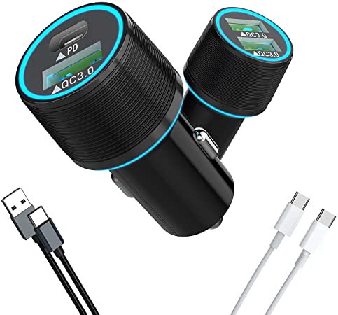 USB C Car Charger, Rocketek Fast USB Car Charger Type C Compact Power Adapter with Power Delivery & Quick Charge 3.0 Fast Charging Adapter Dual Port Car Adapter Compatible with iPhone/iPad/Samsung etc