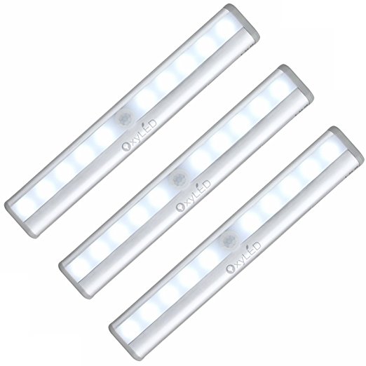 [3 PACK] OxyLED 10 LED Motion Sensing Closet Lights, DIY Stick-on Anywhere Portable 10-LED Wireless Cabinet Night/ Stairs/ Step Light Bar with Magnetic Strip (Battery Operated)