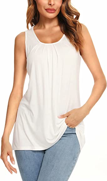 Bloggerlove Womens Tank Tops Round Neck Sleeveless Shirts Pleated Casual Front Loose Solid Blouse