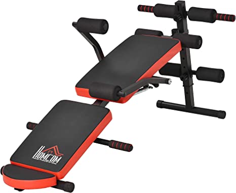 HOMCOM Banc de Musculation Pliable Banc Appareil Fitness Multifonction entraînement Complet Abdos Dos Jambes Hauteur réglable Coussin tétière inclu Acier revêtement PU 148 x 58 x 65 cm Noir et Rouge