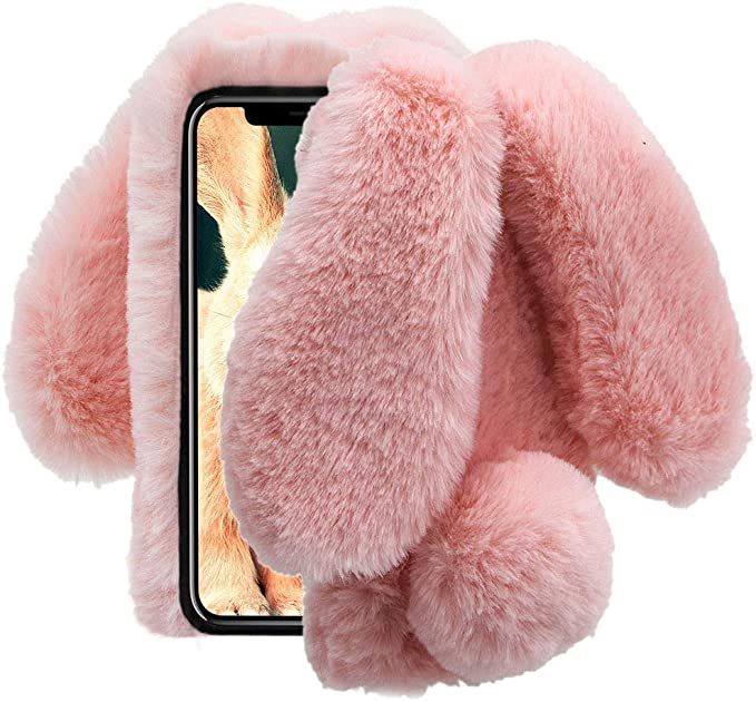 Aearl iPhone Xs Max Case,iPhone Xs Max Rabbit Fur Ball Case,Luxury Cute 3D Diamond Winter Warm Soft Furry Fluffy Fuzzy Bunny Ear Plush Back Phone Cover for Girl Women-Pink,iPhone Xs Max 6.5 inch 2018