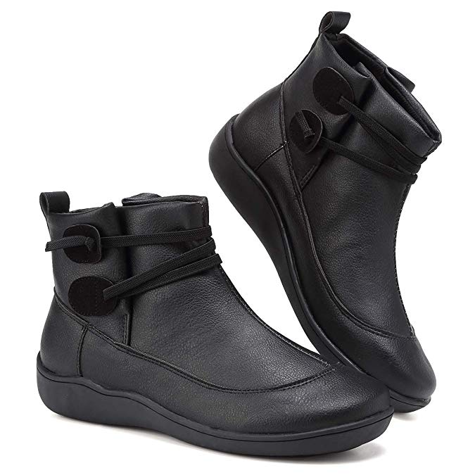 SOVIKER 2019 New Arch Support Boots Women's Side Zipper Ankle Booties Comfy Leather Flat Heel Boots