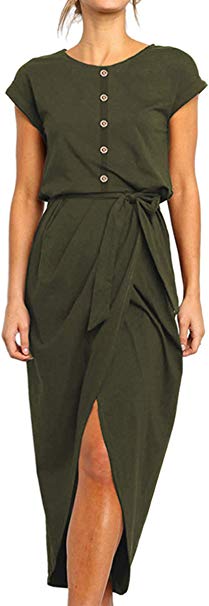 Angashion Women's Dresses-High Low Irregular Hem Front Split Straight Button Fit Midi Dress with Belt