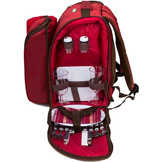 TAWA 2 Person Red Picnic Backpack with Cooler Compartment Includes Tableware & Fleece Blanket 45"x53"(red)