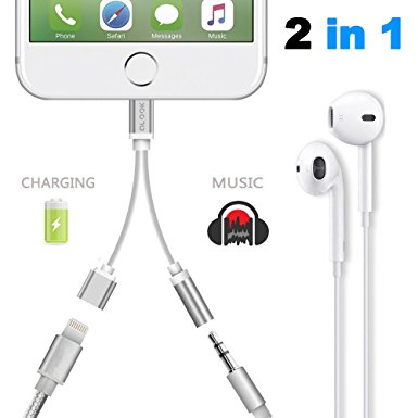 2 in 1 Lightning Adapter for iPhone 7 / 7 Plus, ALOOK Lightning Charger and 3.5mm Earphone Jack Cable [No Music Control] for iPhone 7/7 Plus/6s/6/5s/5 - Silver