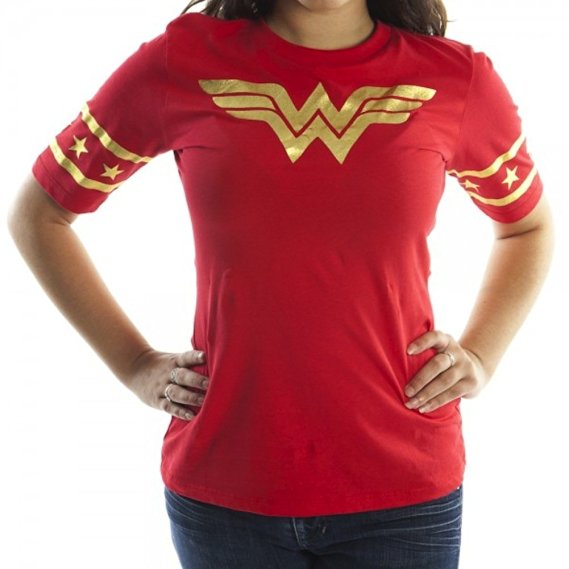 Wonder Woman Gold Foil Striped Sleeves Red Juniors T-shirt Tee