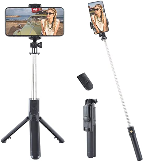 Selfie Stick Tripod Bluetooth, Lightweight Travel Tripod with Remote, Mini Compact Phone Tripod,Compatible with iPhone 12 Pro Max/11/XS, Galaxy Note 20 and More (Black)