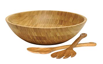 Lipper International 8204-3 Bamboo Wood Salad Bowl with 2 Server Utensils, Large, 14" Diameter x 4" Height, 3-Piece Set