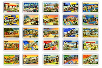GREETINGS FROM 50 American states vintage reprints postcard set (ca. 1930-1940's). Large letter name postcards of each U.S. state. Post card variety pack. Made in USA.