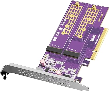 10Gtek 2-Port M.2 NVMe Adapter M-Key, PCIe X8 Gen3. Requires Motherboard BIOS Support for Bifurcation