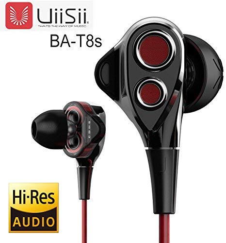 UiiSii T8S HiFi Triple Driver Earbuds Noise Reduction, Deep Bass with Mic Volume Control for iPhone iPad Samsune LG Phones (Black/Red)