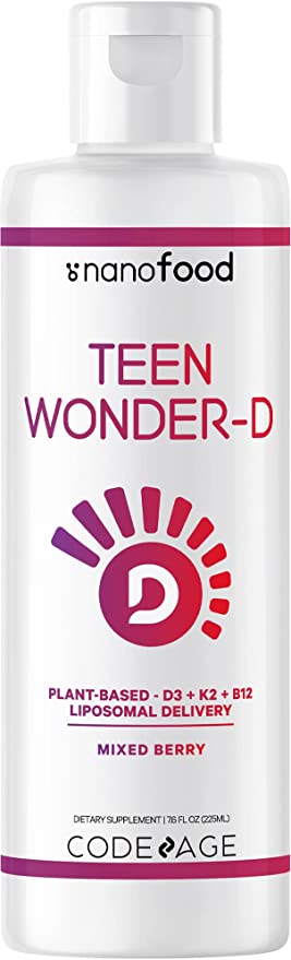 Codeage Liposomal Teen Wonder-D, Vegan Vitamin D3 Cholecalciferol   K2 Liquid Supplement for Teenagers, Plant-Based Vitamin B12, Non-GMO Sunflower Oil, Mixed Berry Flavor, 3-Month Supply, 7.6 fl oz