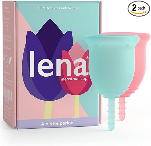 Lena Menstrual Cups | Reusable Beginner Period Cup | 12h Wear | Tampons, Pads, and Period Discs Alternative | HSA or FSA Eligible (Pink and Turquoise, Small and Large)