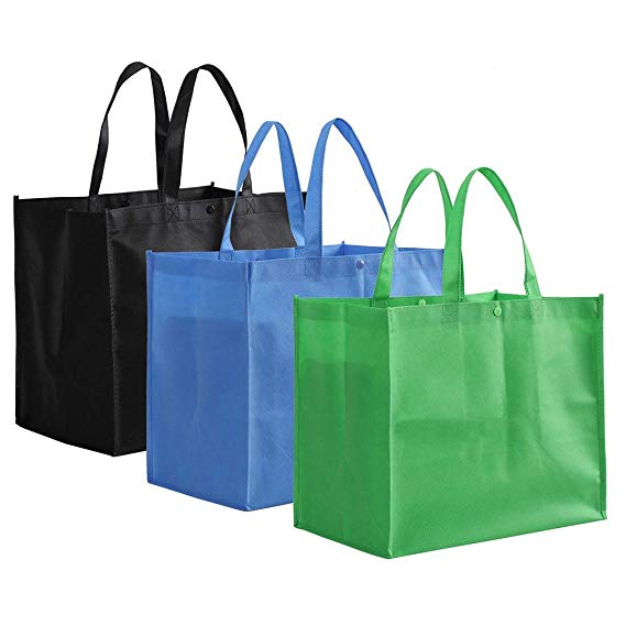 Lawei 12 Pack Large Reusable Grocery Tote Bag with Handles Durable Foldable Non-Woven Shopping Bags - 3 Colors