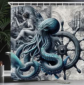 Ambesonne Blue Shower Curtain, Nautical Concept Gothic Marine Fantasy Sailors Nightmare Kraken Siren, Cloth Fabric Bathroom Decor Set with Hooks, 69" W x 70" L, Dark Blue Grey and Ivory