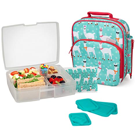 Bentology Lunch Bag and Box Set for Girls - Includes Insulated Durable Tote Bag with Handle and bottle holder, Bento Box, 5 Containers and Ice Pack - BPA & PVC Free (Llama)